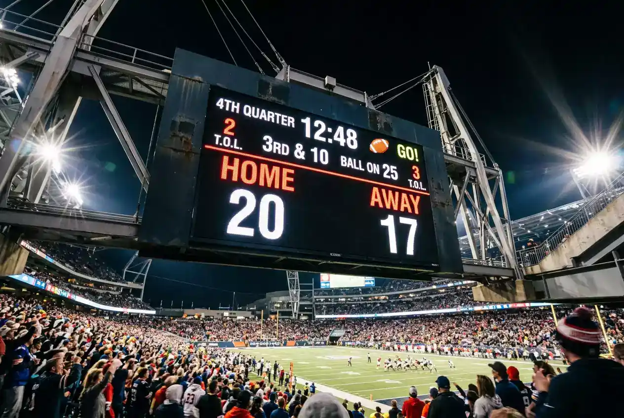 NFL stadium scoreboard displaying game score relevant to point spread betting