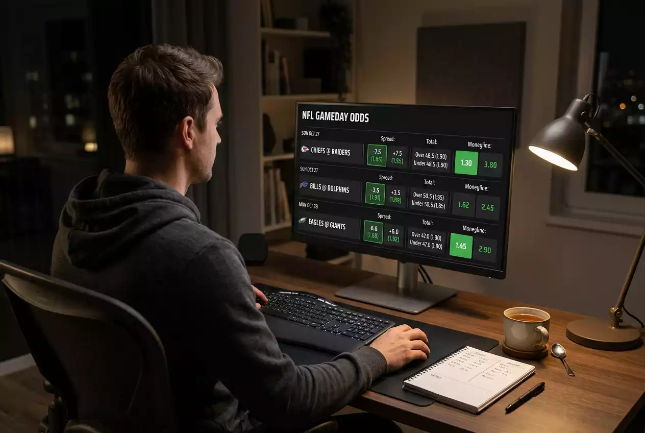 NFL betting markets displayed on a sportsbook screen showing point spread and moneyline odds