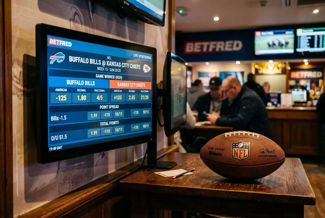 NFL game odds displayed on a sportsbook screen showing decimal fractional and American formats side by side